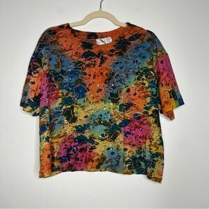 Vintage Ki Ko Mo Floral Tie Dye Sequin Embroidered Tee Shirt Size Medium Cotton